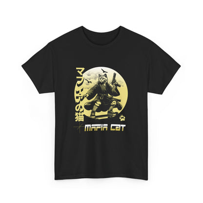 Black t-shirt with a gold graphic of a cat in a martial arts pose and 'Mafia Cat' text on a white background.