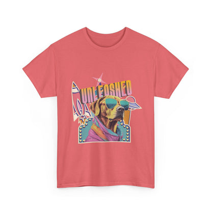 Coral t-shirt with a colorful dog graphic and 'UNLEASHED' text on a white background