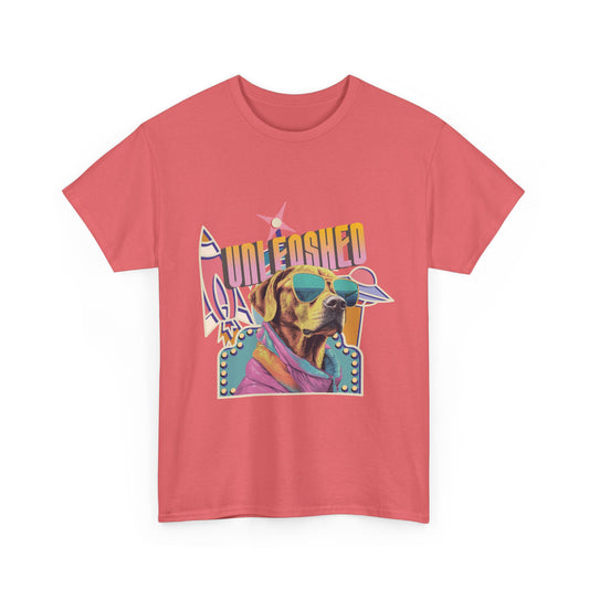 Coral t-shirt with a colorful dog graphic and 'UNLEASHED' text on a white background