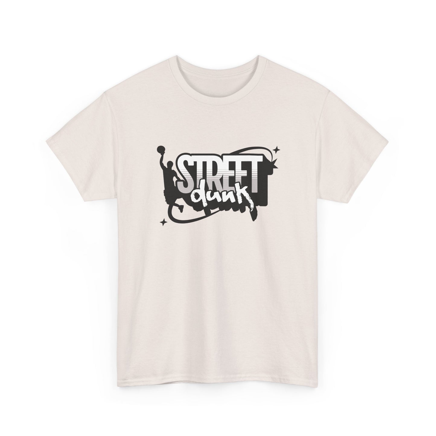 Trancegaze Street Dunk Basketball Tee in Ice Grey. Urban streetwear graphic t-shirt featuring a stylized basketball player silhouette dunking next to bold graffiti-style text on a crisp white background.
