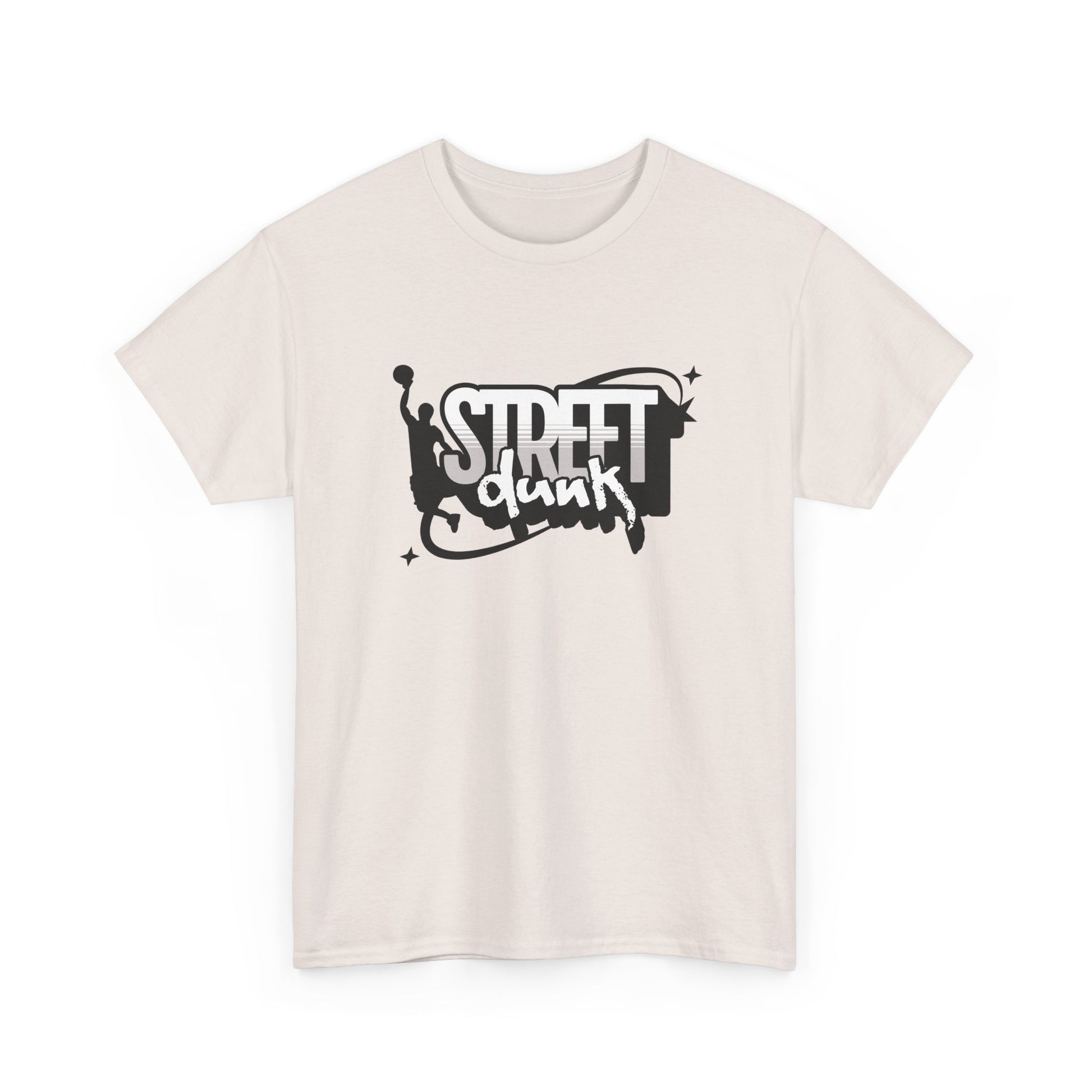 Trancegaze Street Dunk Basketball Tee in Ice Grey. Urban streetwear graphic t-shirt featuring a stylized basketball player silhouette dunking next to bold graffiti-style text on a crisp white background.