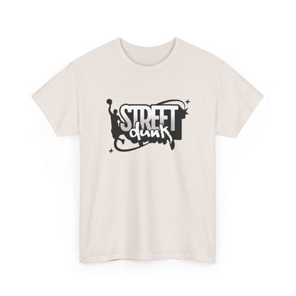 Trancegaze Street Dunk Basketball Tee in Ice Grey. Urban streetwear graphic t-shirt featuring a stylized basketball player silhouette dunking next to bold graffiti-style text on a crisp white background.