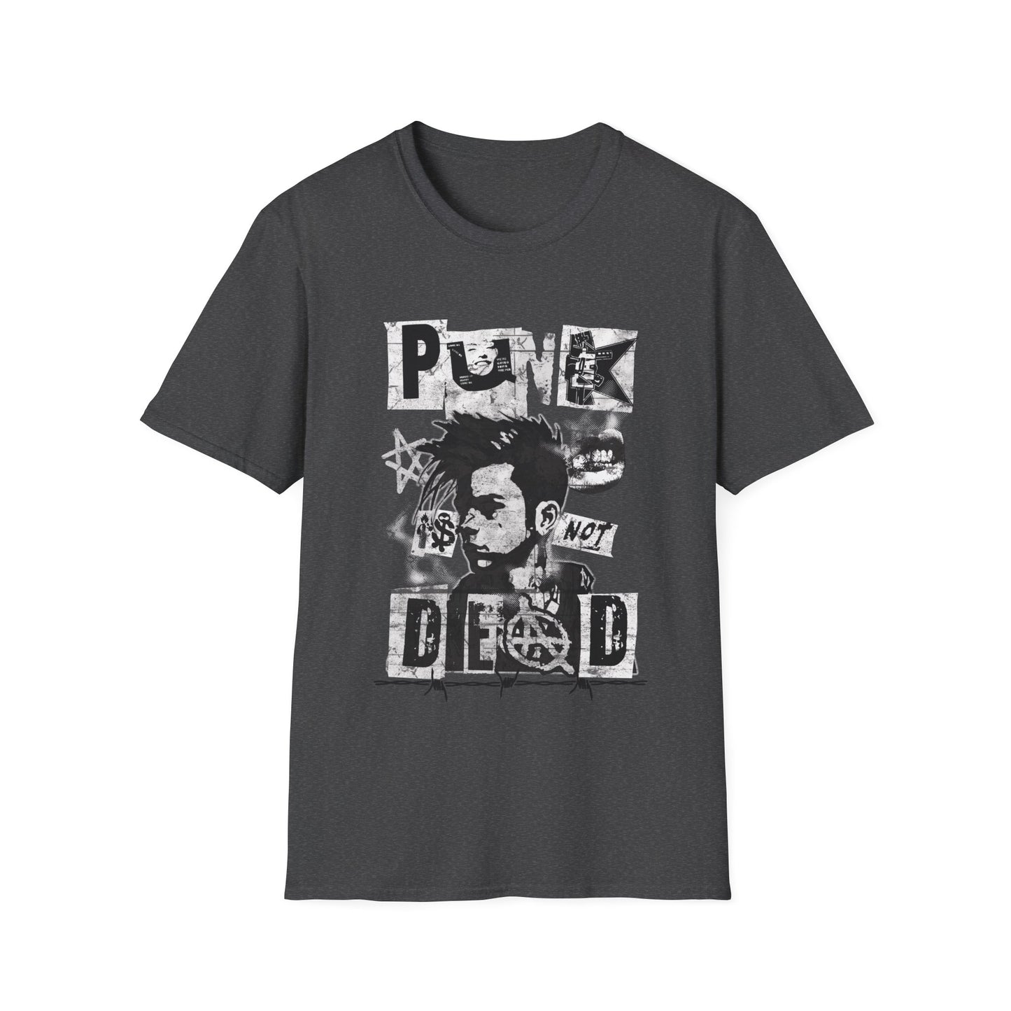 A dark heather gray streetwear t-shirt featuring a bold black ink collage graphic. The design includes a cropped portrait of a person with a mohawk, an anarchy symbol, jagged stars, and barbed wire accents. The phrase 'PUNK IS NOT DEAD' is spelled out in large, spiky, distressed block lettering across the design.