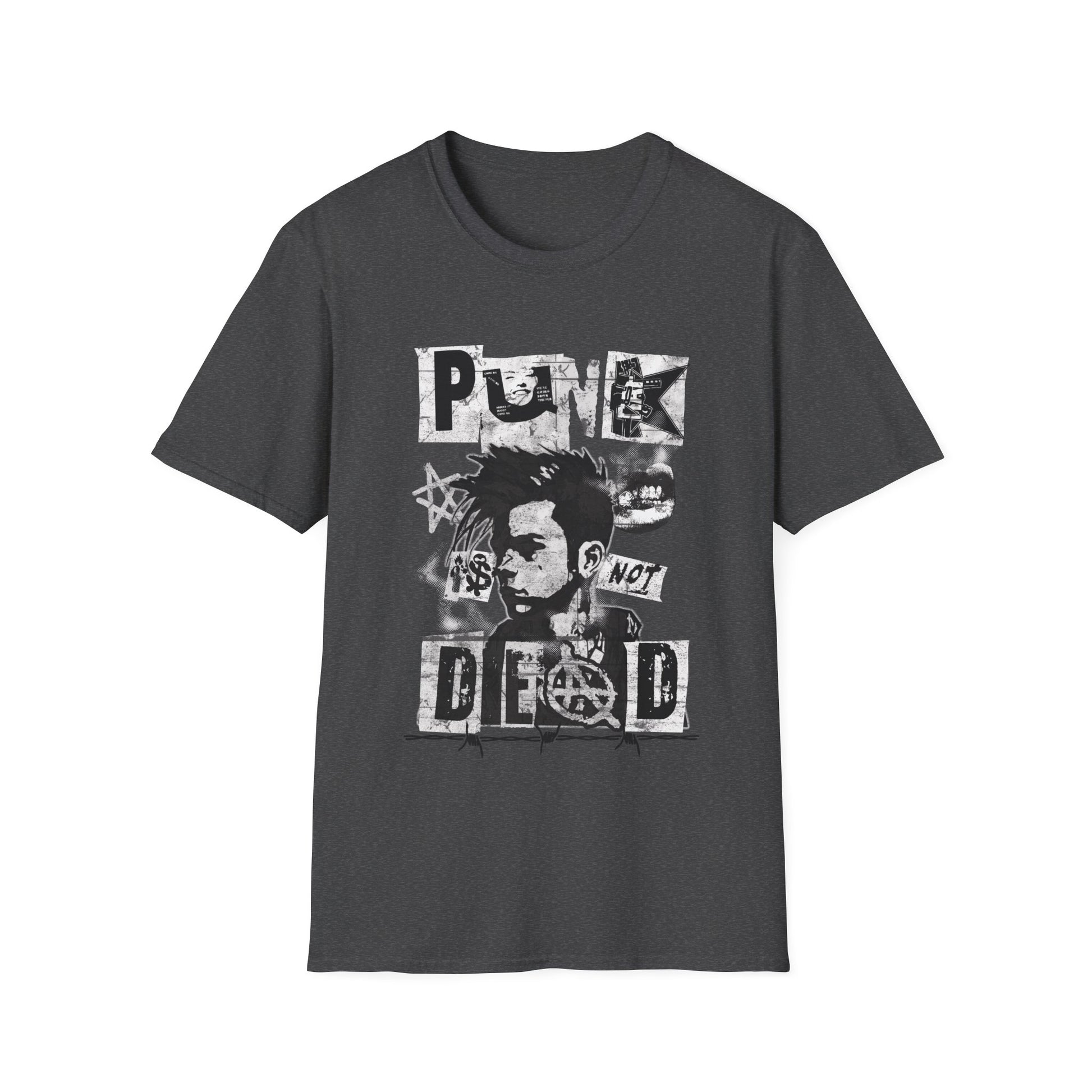 A dark heather gray streetwear t-shirt featuring a bold black ink collage graphic. The design includes a cropped portrait of a person with a mohawk, an anarchy symbol, jagged stars, and barbed wire accents. The phrase 'PUNK IS NOT DEAD' is spelled out in large, spiky, distressed block lettering across the design.