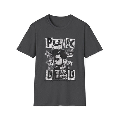 A dark heather gray streetwear t-shirt featuring a bold black ink collage graphic. The design includes a cropped portrait of a person with a mohawk, an anarchy symbol, jagged stars, and barbed wire accents. The phrase 'PUNK IS NOT DEAD' is spelled out in large, spiky, distressed block lettering across the design.