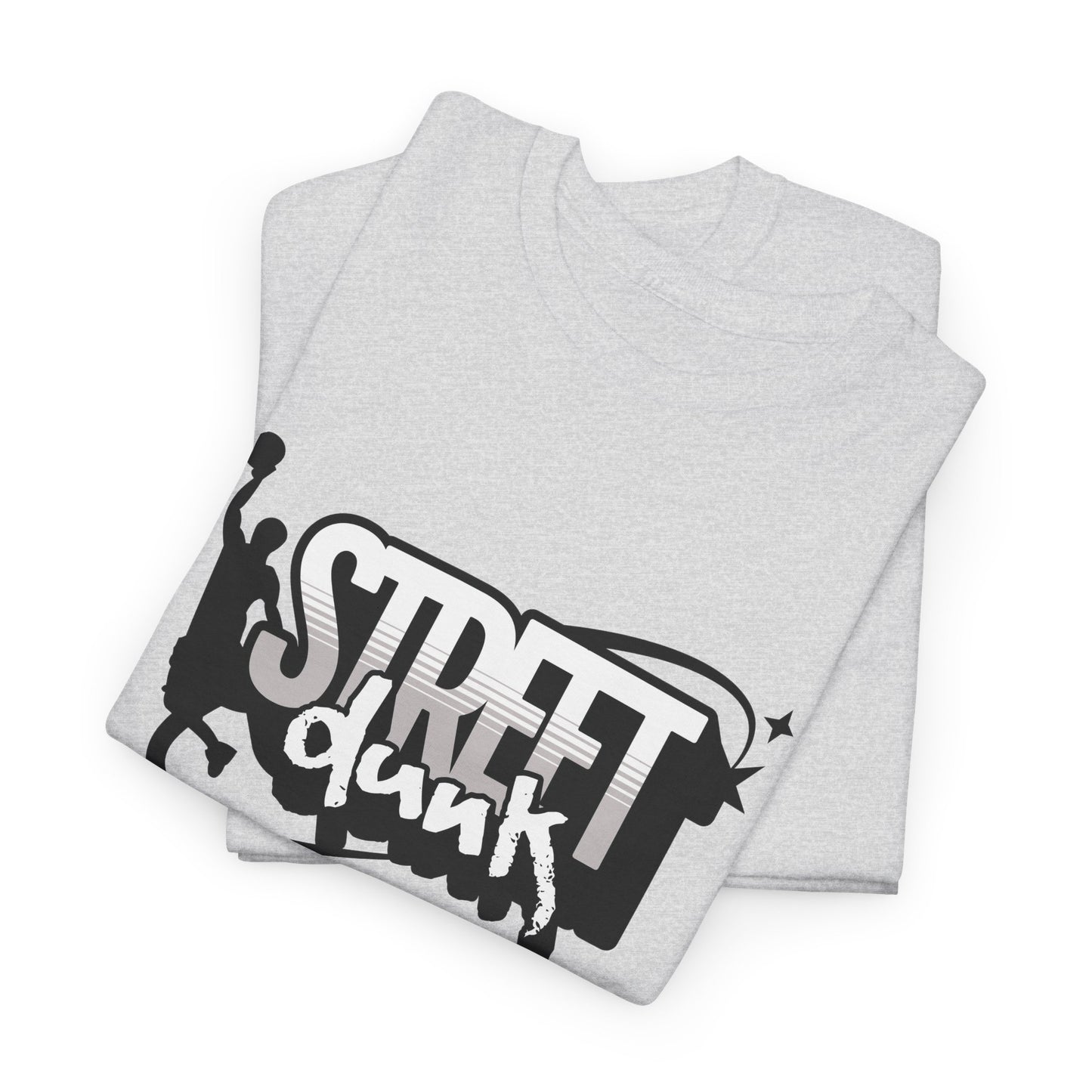A folded ash grey t-shirt with 'Street Dunk' text.