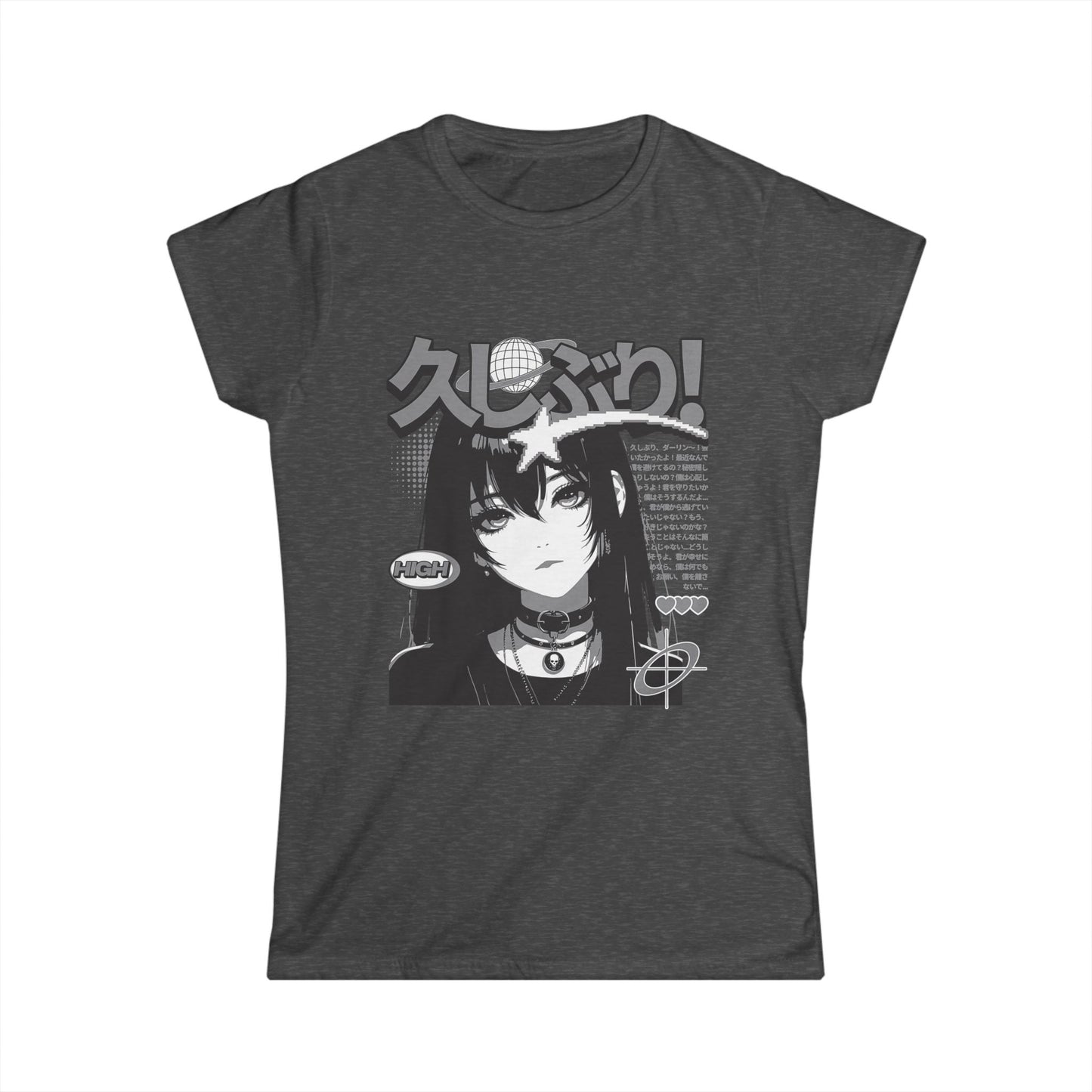 Dark gray t-shirt with anime character and text on a white background