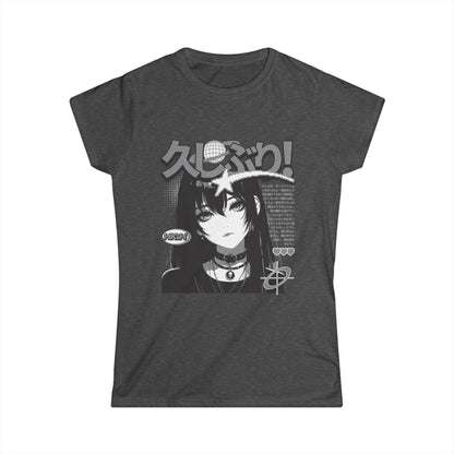 Dark gray t-shirt with anime character and text on a white background