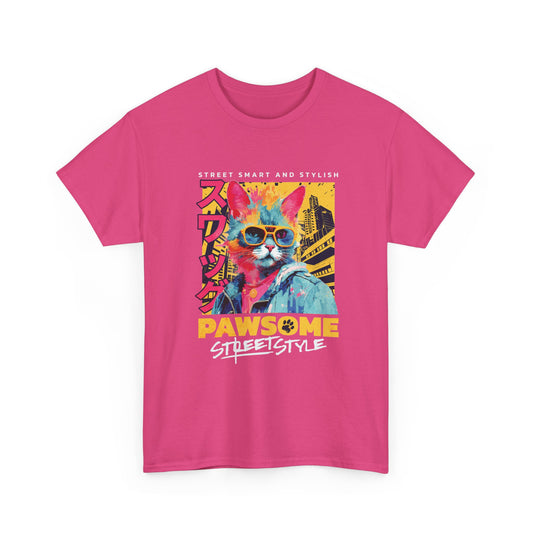Pink t-shirt with a colorful graphic of a cat wearing sunglasses and text on a white background