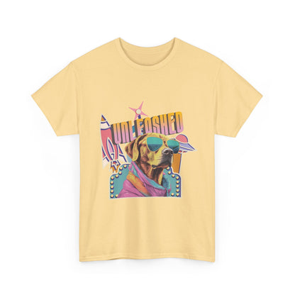 Pale Yellow t-shirt with a colorful vintage spaceship graphic of a dog wearing sunglasses and text that reads 'Unleashed'.