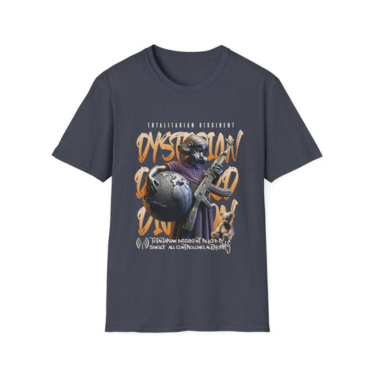 heather navy t-shirt with dystopian graphic design featuring a young girl with the words totalitarian dissident.
