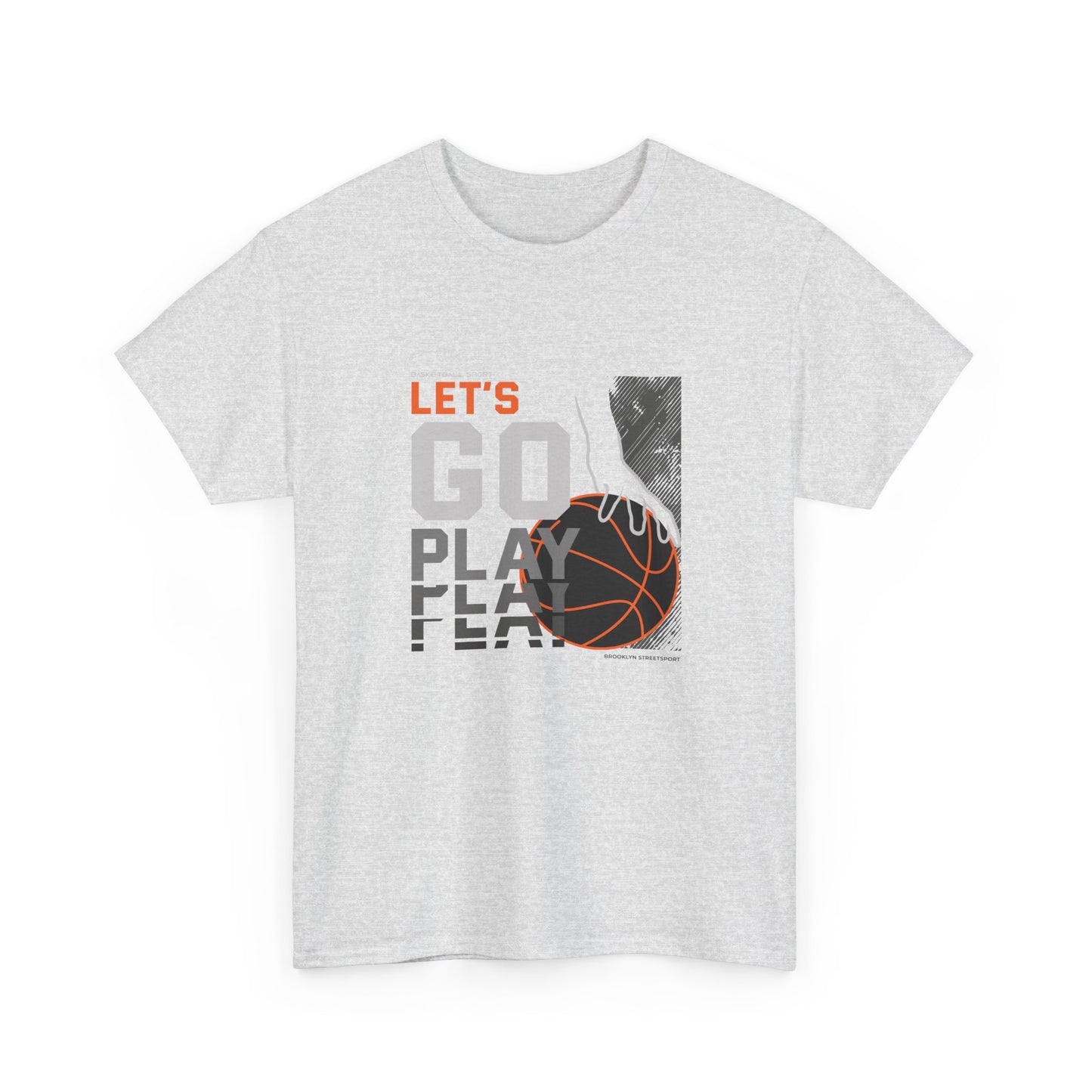 An Ash streetwear graphic tee with a modern sports design. The graphic shows a stylized basketball player's hand reaching for an orange basketball next to the words 'LET'S GO PLAY' in white and grey block lettering.