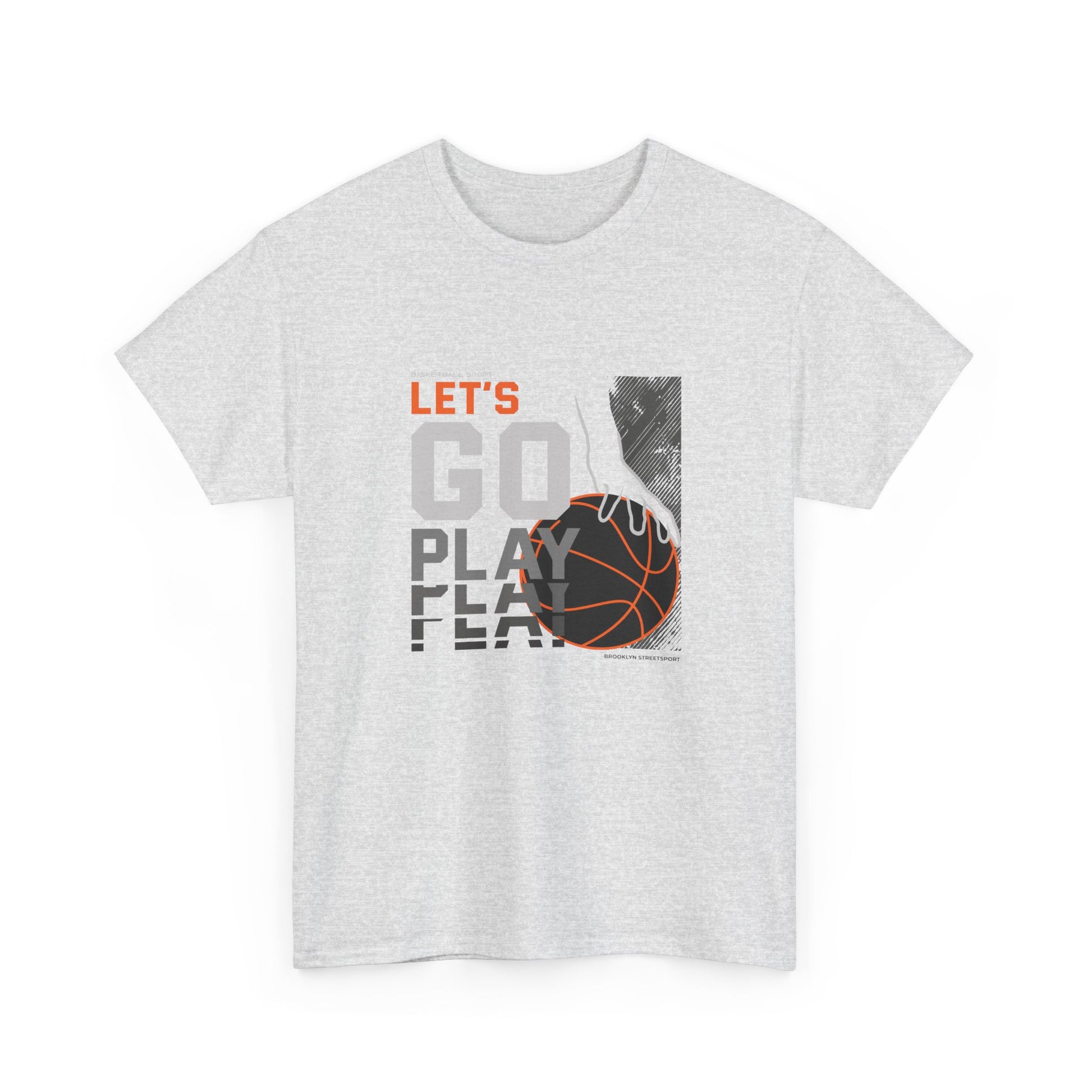 An Ash streetwear graphic tee with a modern sports design. The graphic shows a stylized basketball player's hand reaching for an orange basketball next to the words 'LET'S GO PLAY' in white and grey block lettering.
