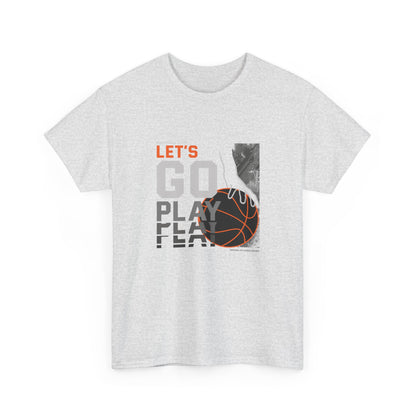 An Ash streetwear graphic tee with a modern sports design. The graphic shows a stylized basketball player's hand reaching for an orange basketball next to the words 'LET'S GO PLAY' in white and grey block lettering.