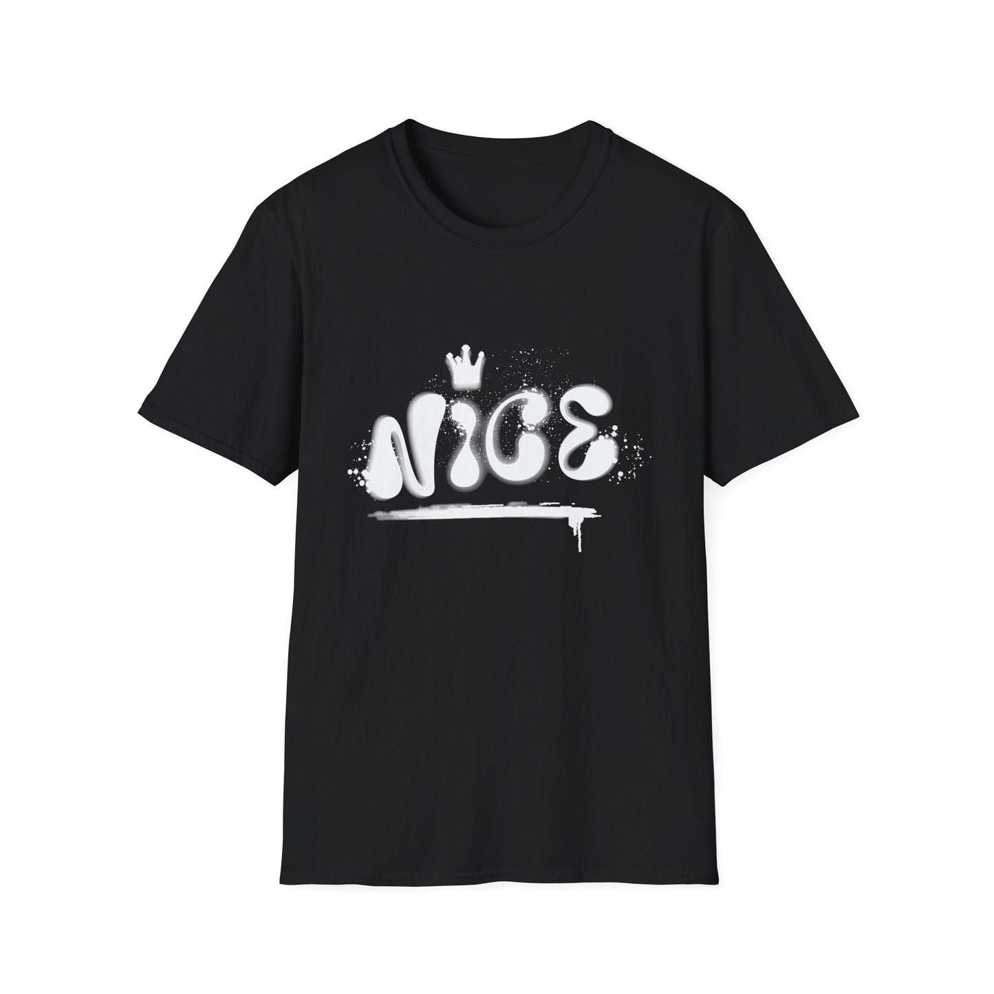 Black hip hop t-shirt with 'NICE' spray painted on the front.