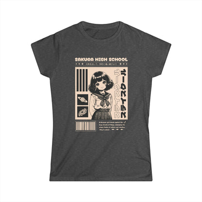 Dark gray t-shirt with anime-style graphic and text on a white background