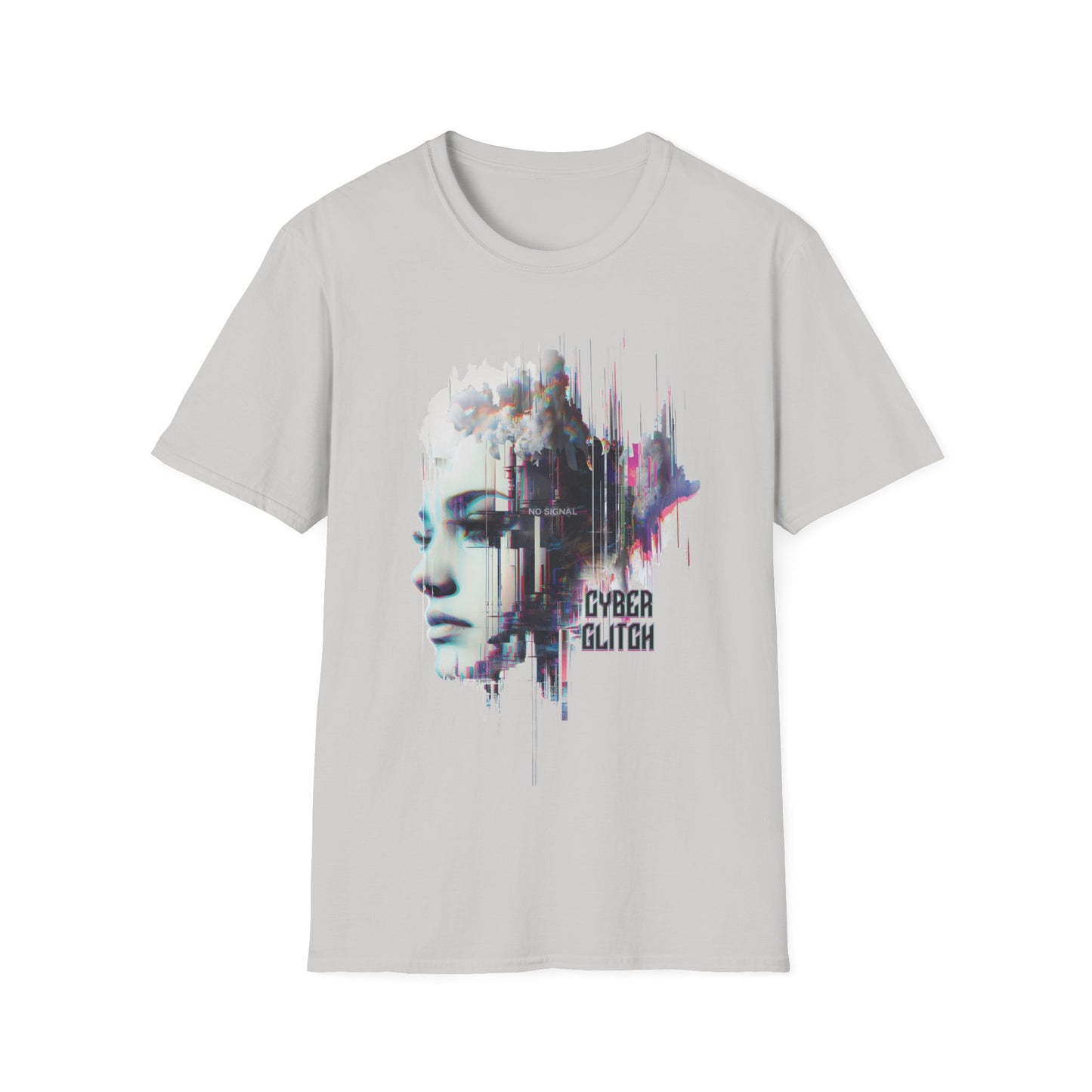 Ice Gray t-shirt with a graphic design featuring a face and 'Cyber Glitch' text on a white background
