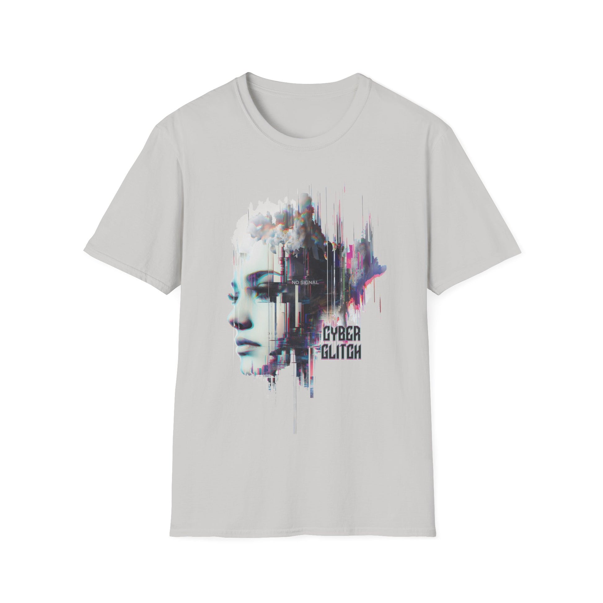 Ice Gray t-shirt with a graphic design featuring a face and 'Cyber Glitch' text on a white background