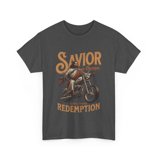 A heather grey colored t-shirt with the graphic of Jesus riding a motorcycle and the text 'Savior' and 'REDEMPTION' on it.