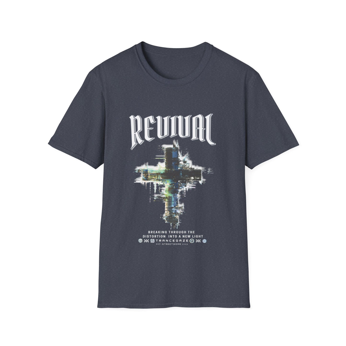 A heather navy Christian streetwear T-shirt for men featuring a distressed Revival cross graphic with urban glitch art.