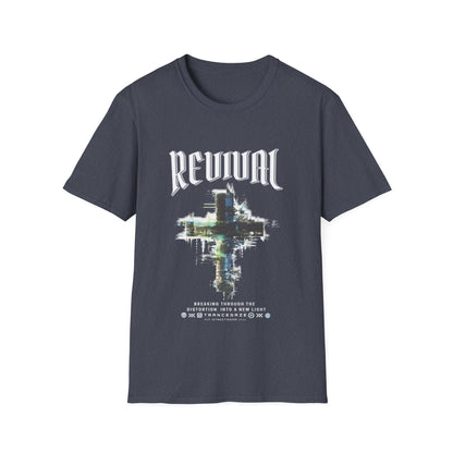 A heather navy Christian streetwear T-shirt for men featuring a distressed Revival cross graphic with urban glitch art.
