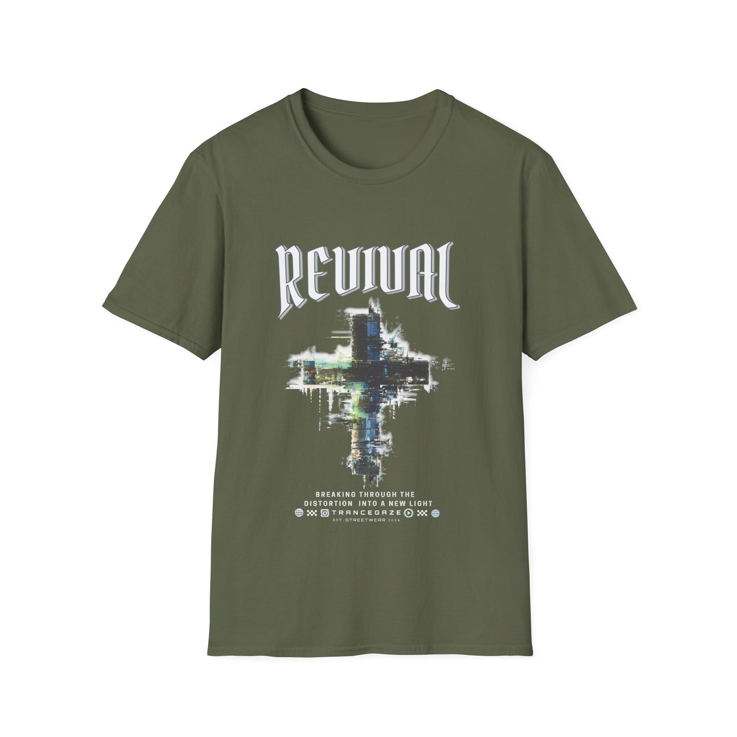 A military green Christian streetwear T-shirt for men featuring a distressed Revival cross graphic with urban glitch art.