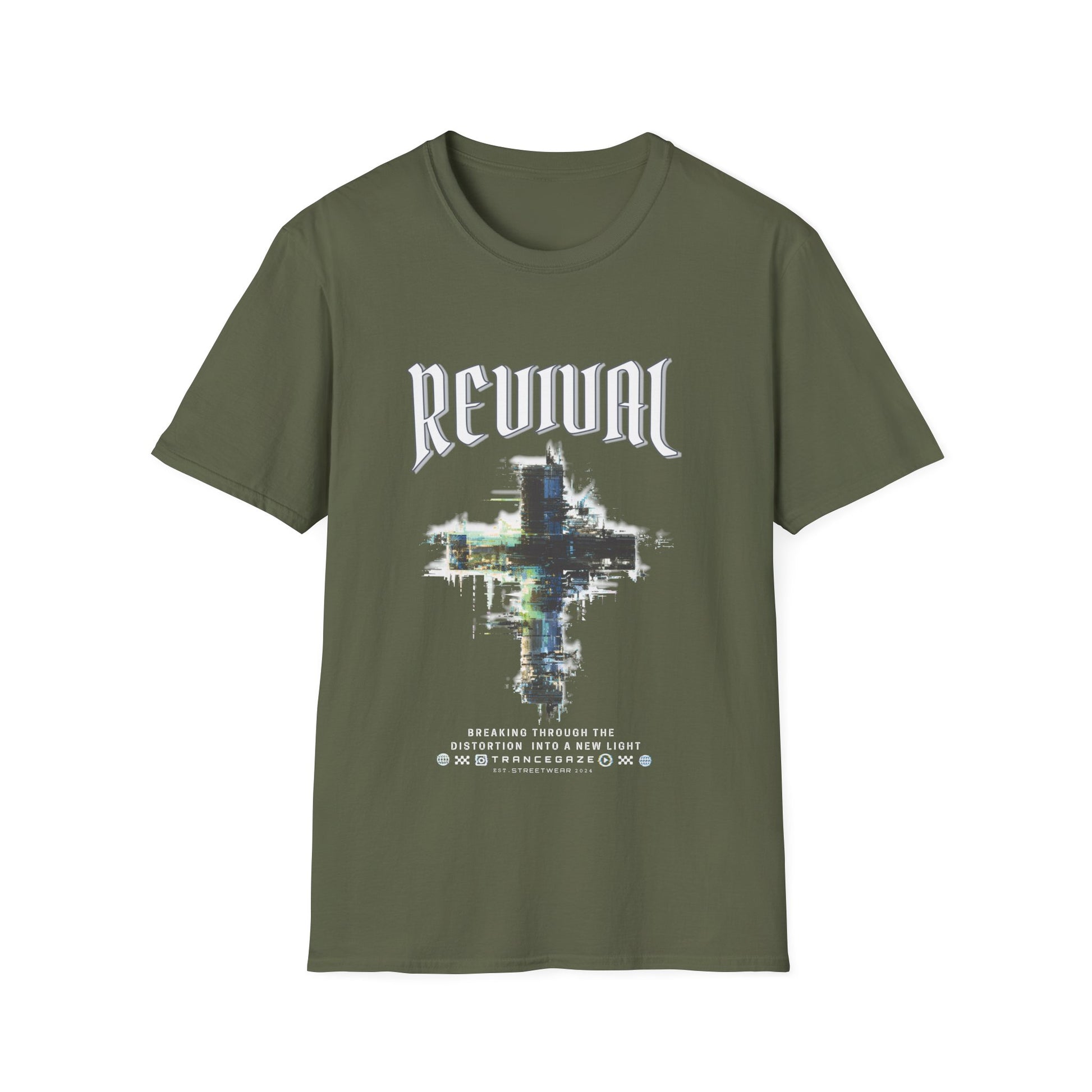 A military green Christian streetwear T-shirt for men featuring a distressed Revival cross graphic with urban glitch art.