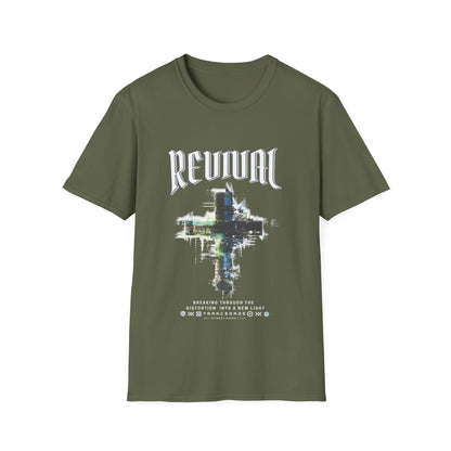 A military green Christian streetwear T-shirt for men featuring a distressed Revival cross graphic with urban glitch art.