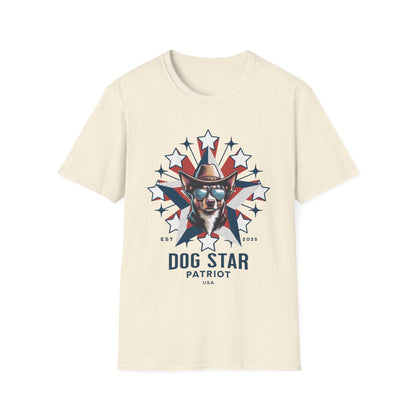Beige t-shirt with a graphic of a dog wearing a hat and sunglasses, surrounded by stars and text on a white background.