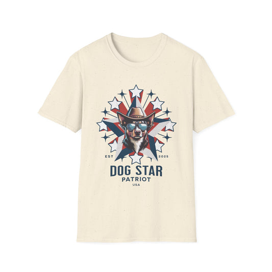 Beige t-shirt with a graphic of a dog wearing a hat and sunglasses, surrounded by stars and text on a white background.
