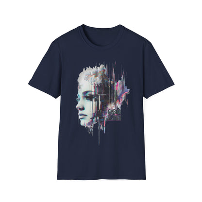 Navy blue t-shirt with a graphic design featuring a face and 'Cyber Glitch' text on a white background.