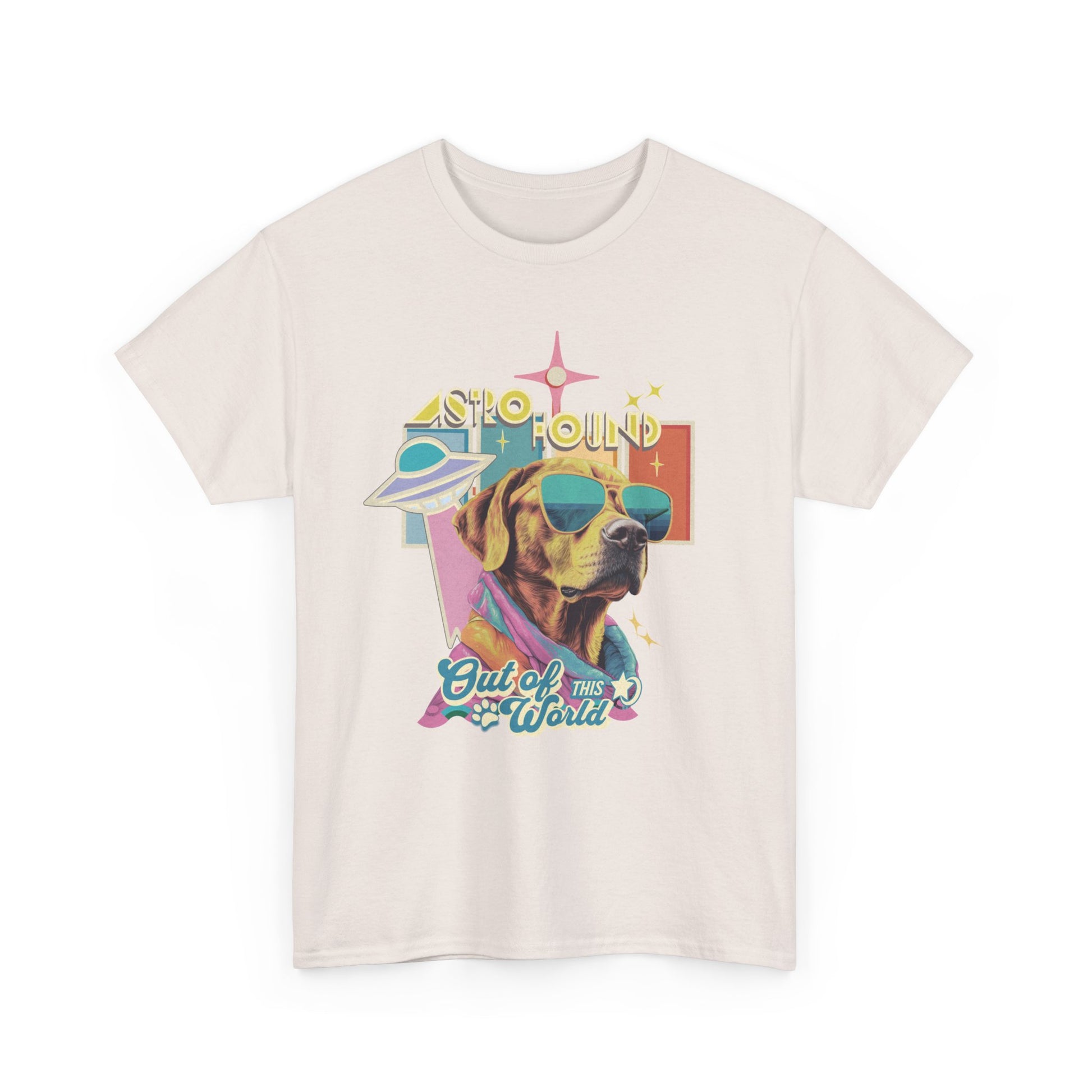 Ice Grey t-shirt with a retro Astro Hound yellow lab graphic wearing sunglasses, featuring UFO and "Out of This World" text.