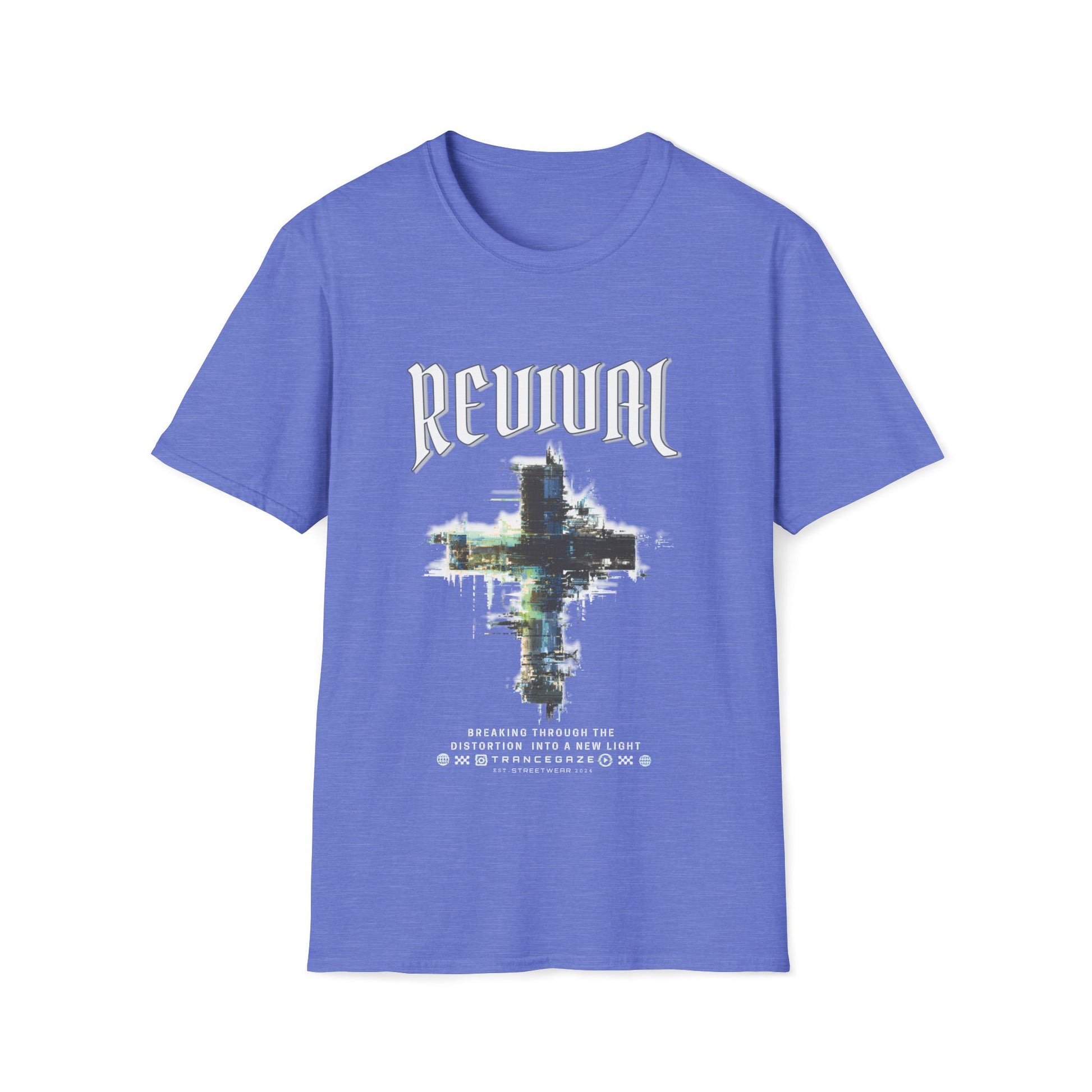 A heather royal Christian streetwear T-shirt for men featuring a distressed Revival cross graphic with urban glitch art.