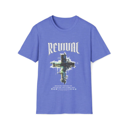 A heather royal Christian streetwear T-shirt for men featuring a distressed Revival cross graphic with urban glitch art.