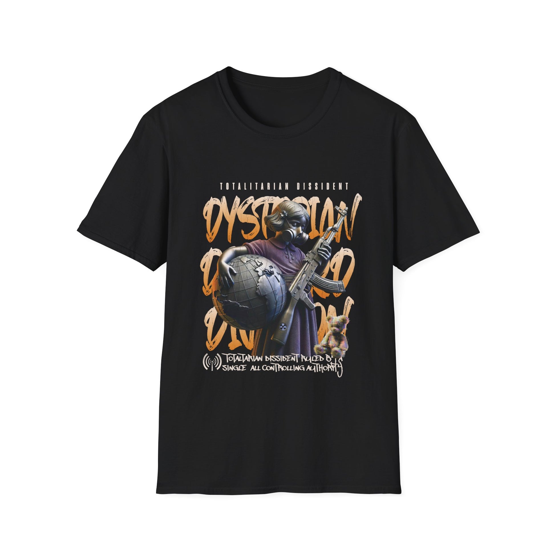 Black t-shirt with dystopian graphic design featuring a young girl with the words totalitarian dissident.