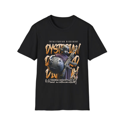 Black t-shirt with dystopian graphic design featuring a young girl with the words totalitarian dissident.