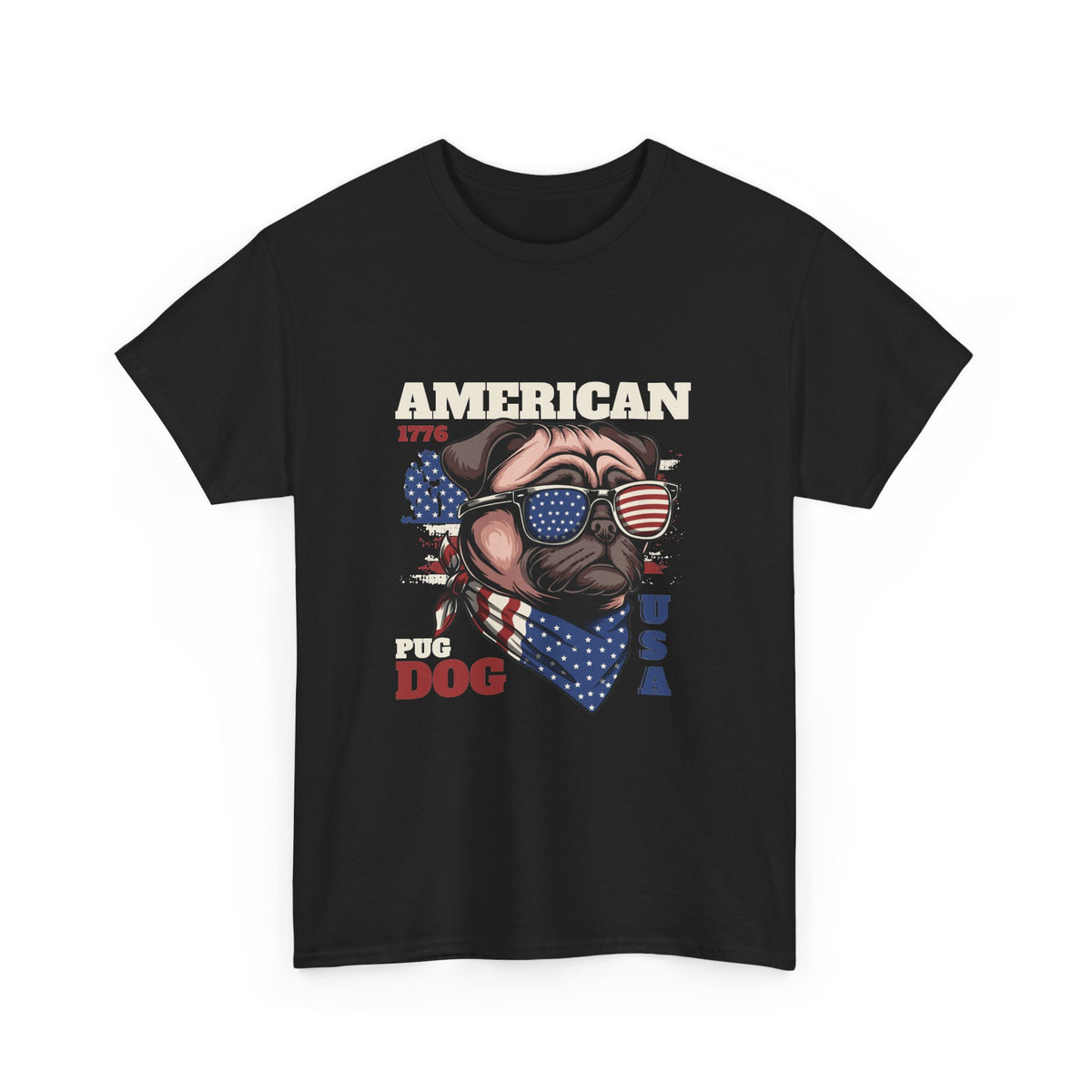 A black Gildan 5000 short-sleeve crewneck t-shirt featuring a patriotic graphic of a pug dog wearing sunglasses with an American flag pattern and a red, white, and blue bandana. The graphic includes the text 'AMERICAN 1776' and 'PUG DOG USA'.