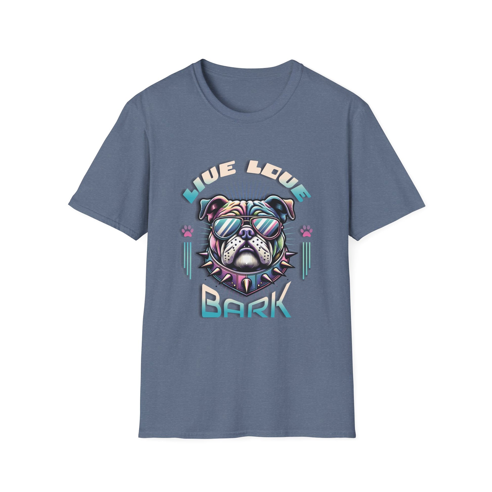 Indigo t-shirt with bulldog graphic "Live, Love, Bark" text.