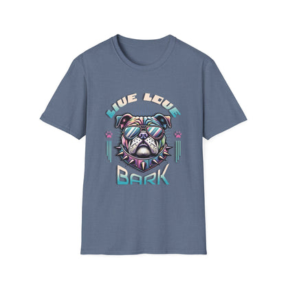 Indigo t-shirt with bulldog graphic "Live, Love, Bark" text.