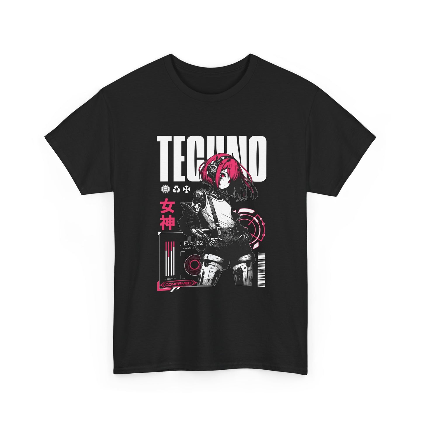 A black t-shirt with graphic design featuring a  cyber girl with pink hair and 'TECHNO' text.