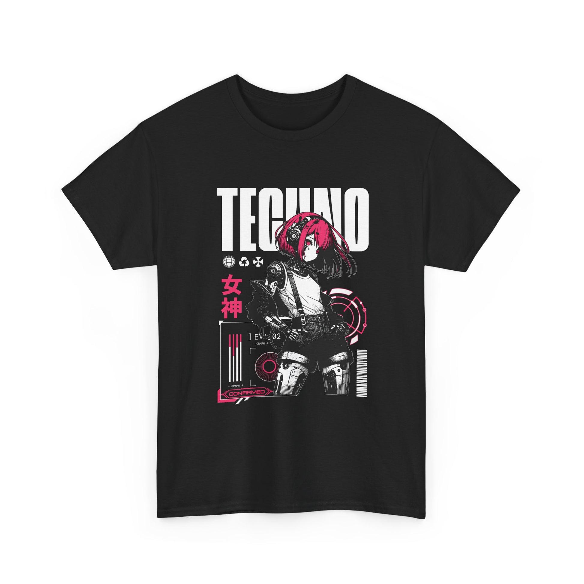 A black t-shirt with graphic design featuring a  cyber girl with pink hair and 'TECHNO' text.
