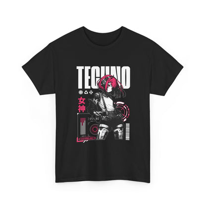 A black t-shirt with graphic design featuring a  cyber girl with pink hair and 'TECHNO' text.