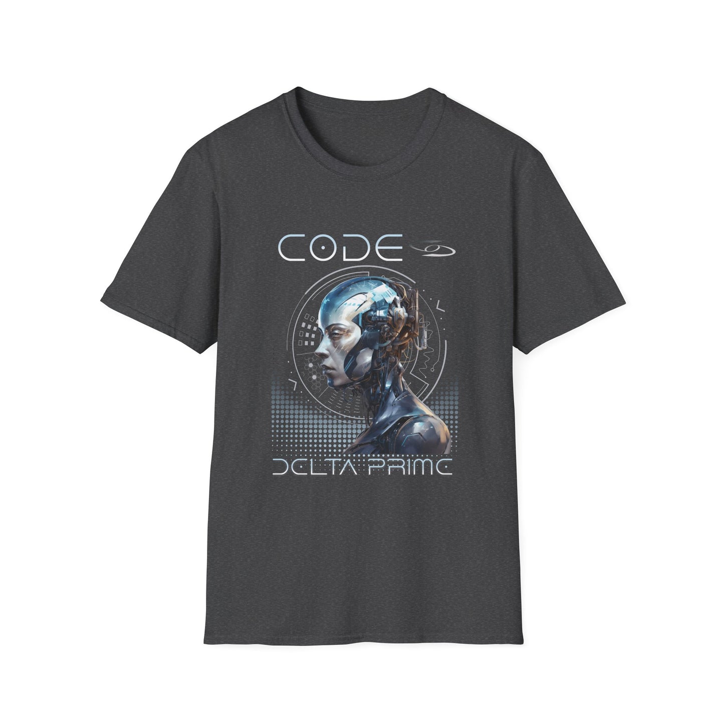 A heather gray unisex t-shirt with 'CODE' and 'DELTA PRIME' text with a cyborg woman graphic design. 