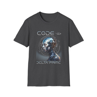 A heather gray unisex t-shirt with 'CODE' and 'DELTA PRIME' text with a cyborg woman graphic design. 