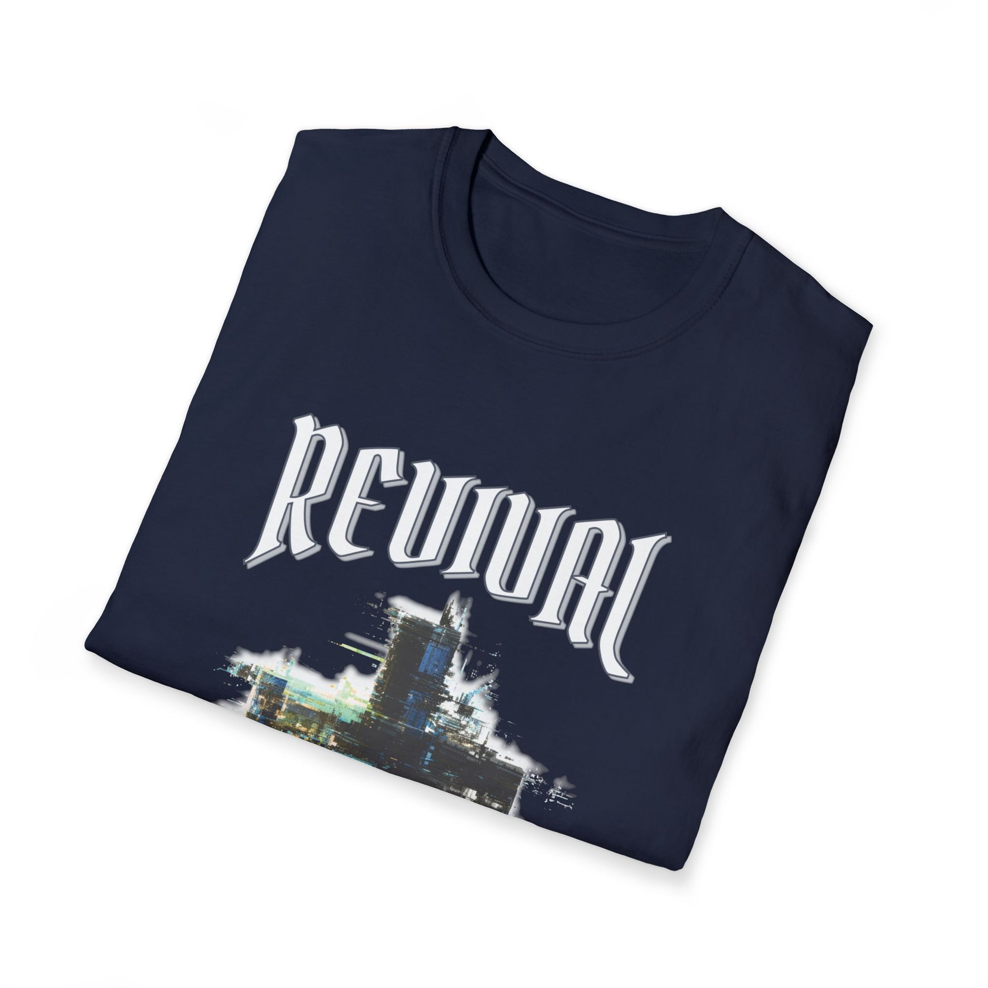 Folded navy blue t-shirt with 'Revival' text and cityscape design on a white background