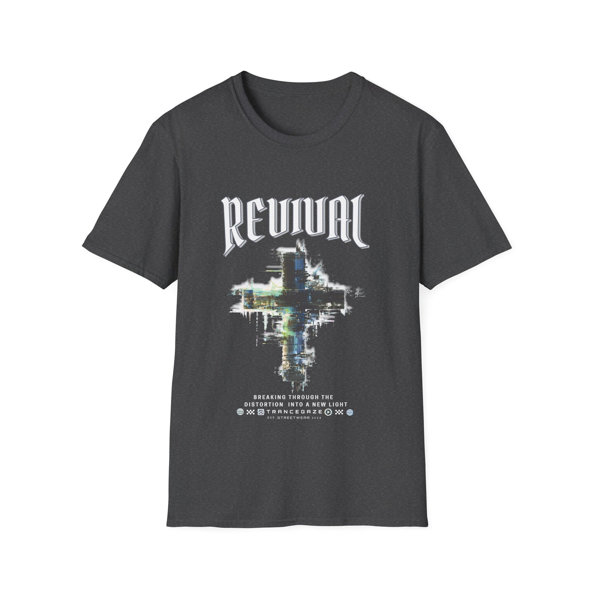 A dark heather Christian streetwear T-shirt for men featuring a distressed Revival cross graphic with urban glitch art.