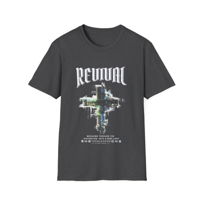 A dark heather Christian streetwear T-shirt for men featuring a distressed Revival cross graphic with urban glitch art.