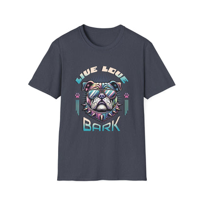 Heather navy t-shirt with bulldog graphic "Live, Love, Bark" text.