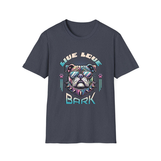 Heather navy t-shirt with bulldog graphic "Live, Love, Bark" text.