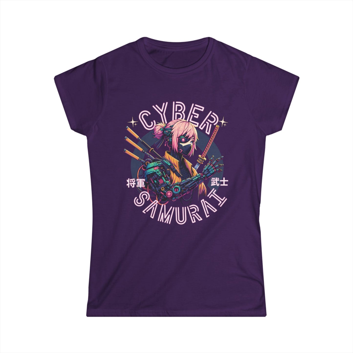 Purple t-shirt with 'Cyber Samurai' graphic design on a white background